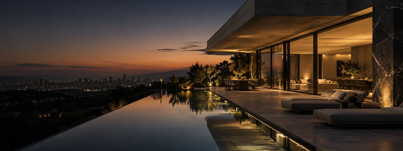 Residência contemporânea com fachada de vidro e iluminação acolhedora ao entardecer
